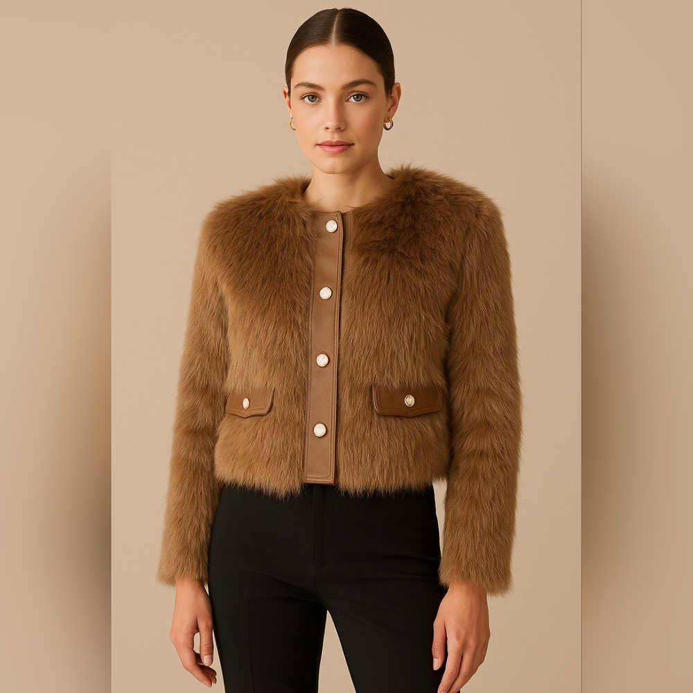 Shaci Luxe VIBES ONLY Brown Faux Fur Women's Jacket SZ.S NWT